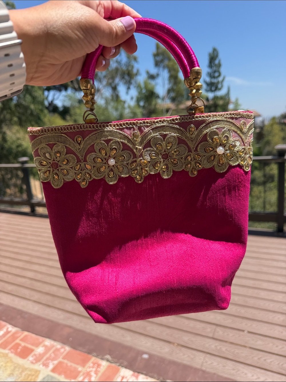Fuchsia Silk Embroidered Evening Bag Gold Beaded Formal Purse